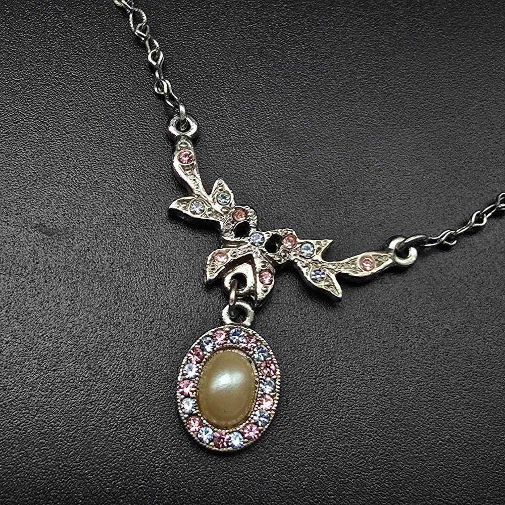 1928 Brand Pink Blue Faux Pearl Necklace Rhinestone Silver Tone